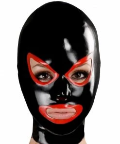 Laidtex Latex Clothing Red Trimmed Black Latex Bondage Mask