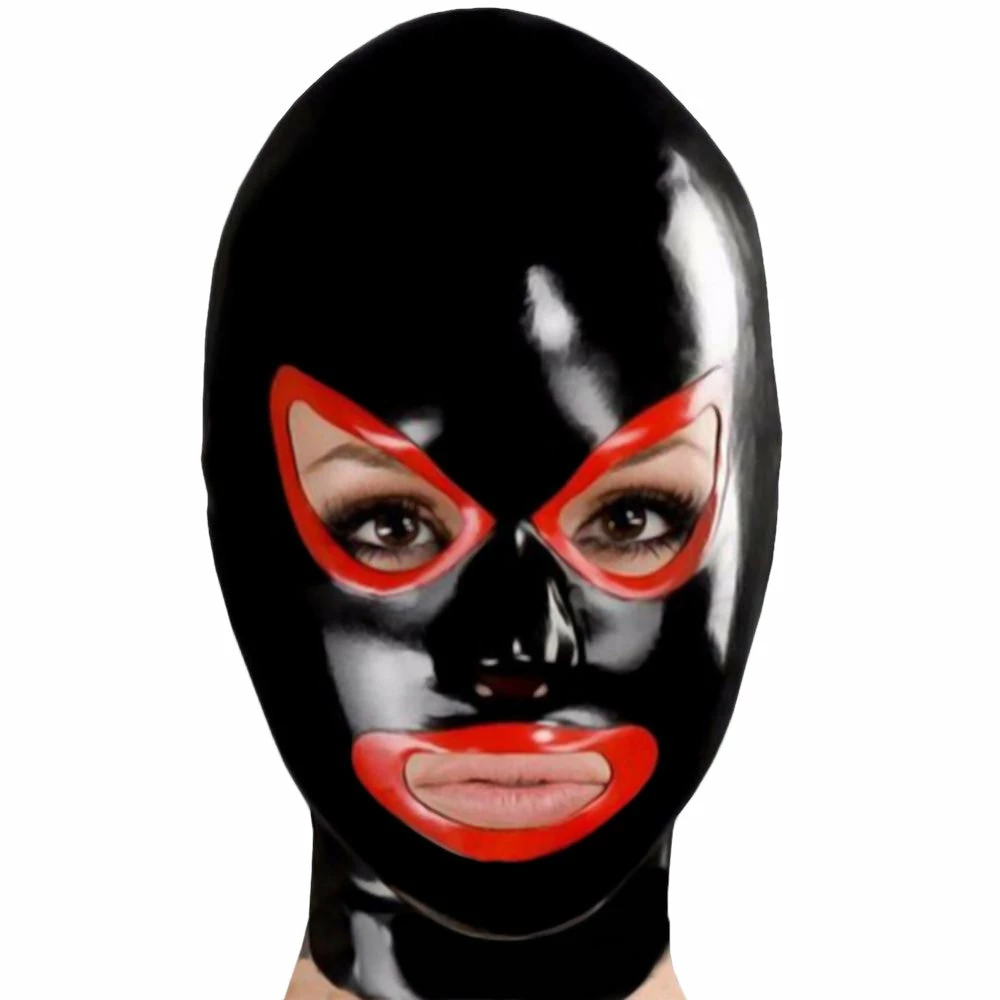 Laidtex Latex Clothing Red Trimmed Black Latex Bondage Mask 3 Laidtex Latex Clothing Red Trimmed Black Latex Bondage Mask
