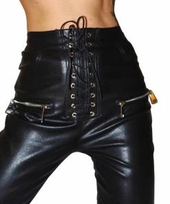 Laidtex Black Lace Up Women's Vinyl Pants Latex Clothing