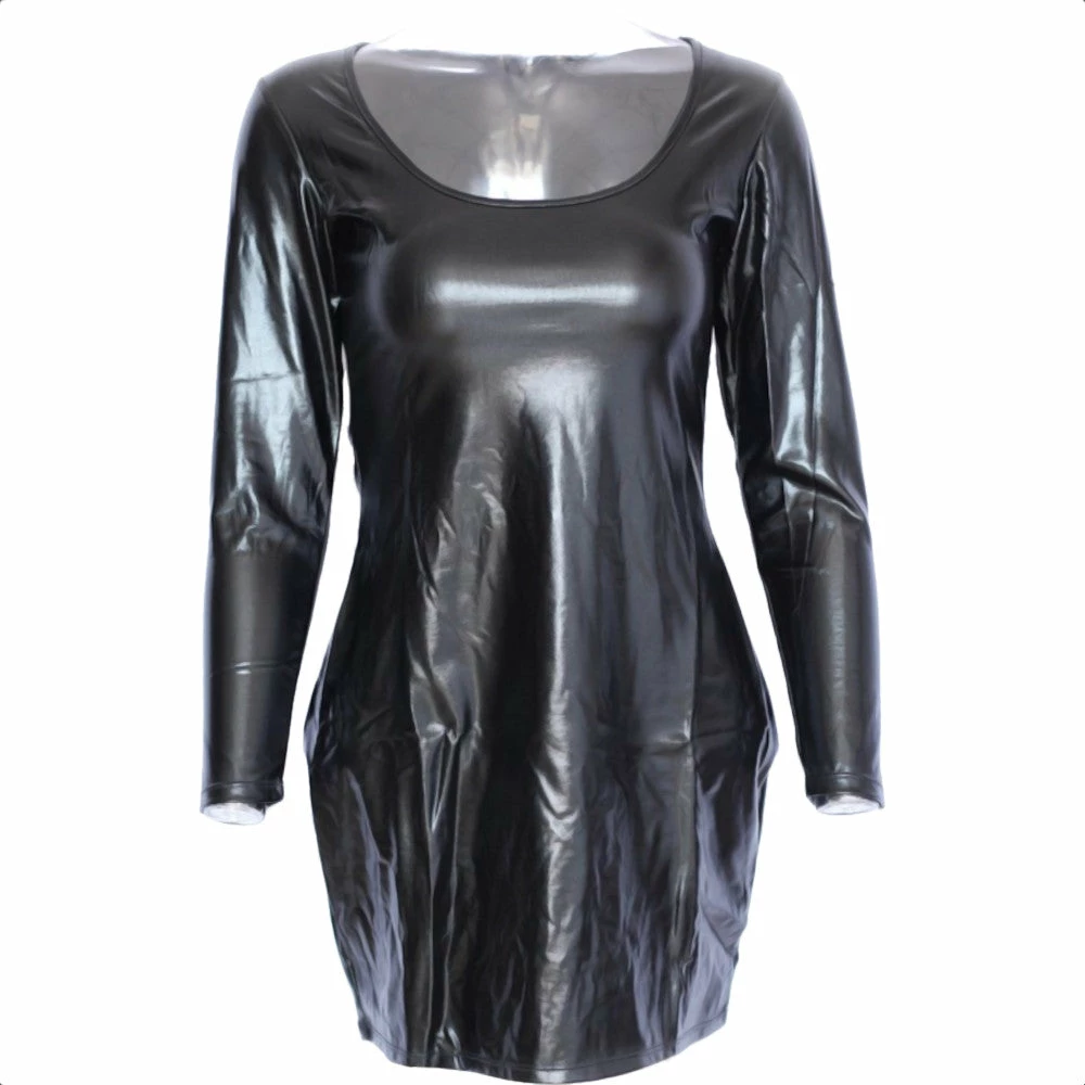 Latexfun Latex Clothing Sexy Long Sleeve Faux Leather Dress 4 Latexfun Latex Clothing Sexy Long Sleeve Faux Leather Dress