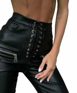Laidtex Black Lace Up Women's Vinyl Pants Latex Clothing